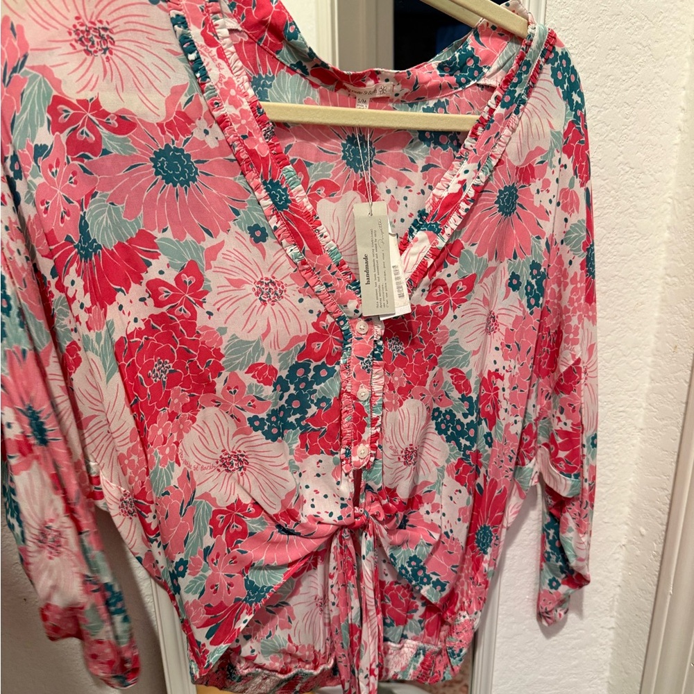 Poupette St. Barth Pink and Teal Floral Tie-Front Blouse